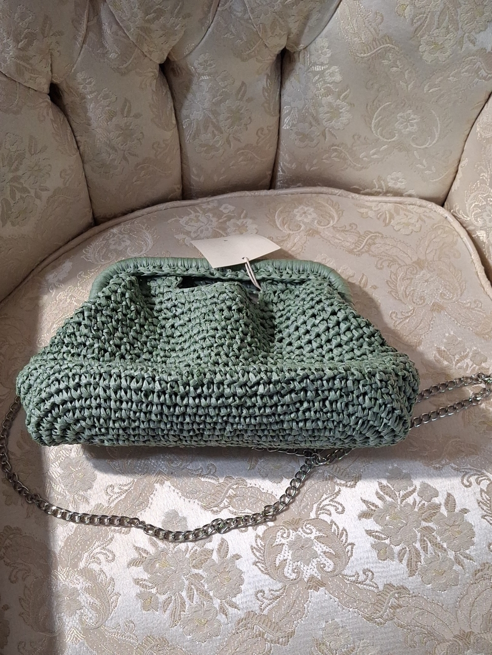Woven Sage Green Crossbody Bag with Chain Strap